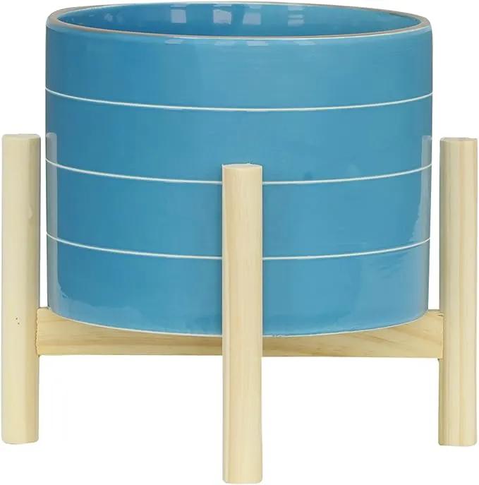 8" Ceramic Planter on Wooden Bamboo Stand - Contemporary Blue While Striped Design For Indoor or Outdoor Plants, Succulents, Cactus by GreenHaven Gardens