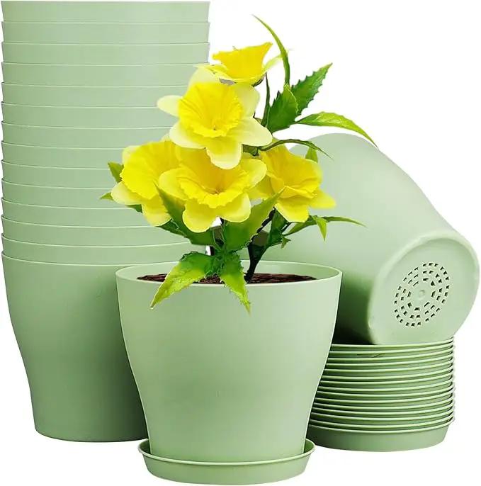 6 inch Plastic Nursery Pots, Seedling Pots, 16 Pack Plant Pots for Small Indoor Outdoor Plants, Flower Pots with Drainage Holes and Saucers, Decorative Planters for House Plants, Green by GreenHaven Gardens