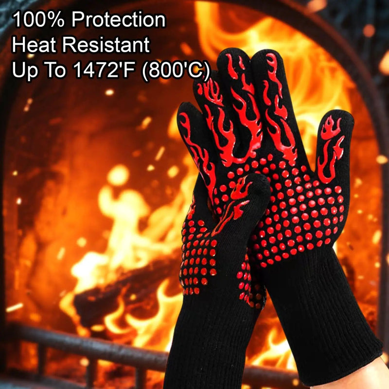 BBQ Gloves Fireproof, 1472°F/800°C F Heat Resistant Grill Cut-Resistant Mitts, Non-Slip Silicone Oven Gloves Long Kitchen Gloves for Barbecue Cooking Baking Cutting by GreenHaven Gardens