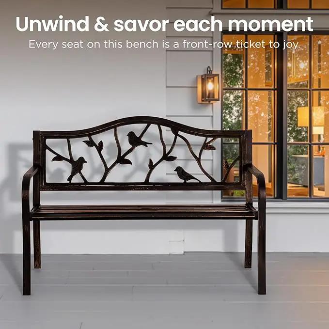 PHI VILLA Outdoor Garden Park Bench Patio 50" Metal Bench, Steel Frame Bench with Backrest and Armrests for Porch, Lawn, Balcony, Backyard and Indoor, Bronze by GreenHaven Gardens