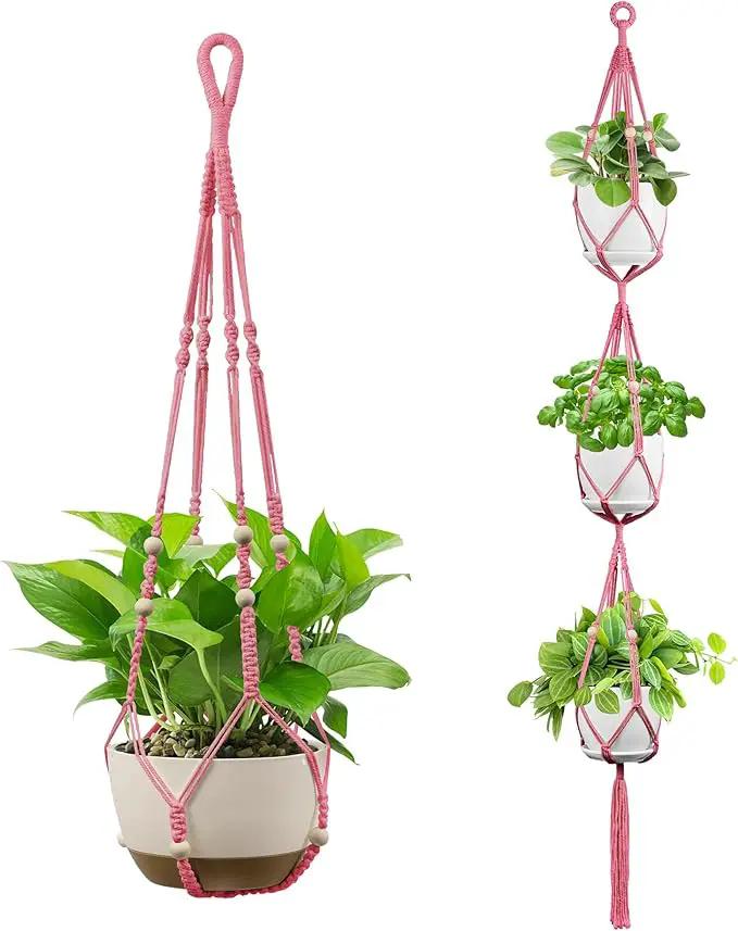 USLAI Macrame Plant Hanger Indoor Outdoor, Up to 4-15 inch Pot, Heavy 20lb Planters, Extra Long Strong Hanging Planter Basket Holder, Boho Home Decor, 35+72 Inch, Pink (POTS NOT Included) by GreenHaven Gardens