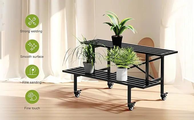 Zhongma 2 Tier Sturdy Metal Plant Stand with Wheels, L35.43 x W17.5 x H16.14 inch, Heavy Duty Plant Holder for Home Indoor and Outdoor,440 LBS Capacity & Heavy Duty Construction by GreenHaven Gardens