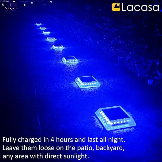 Lacasa Solar Deck Lights, 4 Pack 30LM LED Dock Lights Blue Light, Outdoor Solar Powered Step Lights Light up All Night IP68 Waterproof Auto ON/Off for Garden Stairs Driveway Pathway Lighting by GreenHaven Gardens