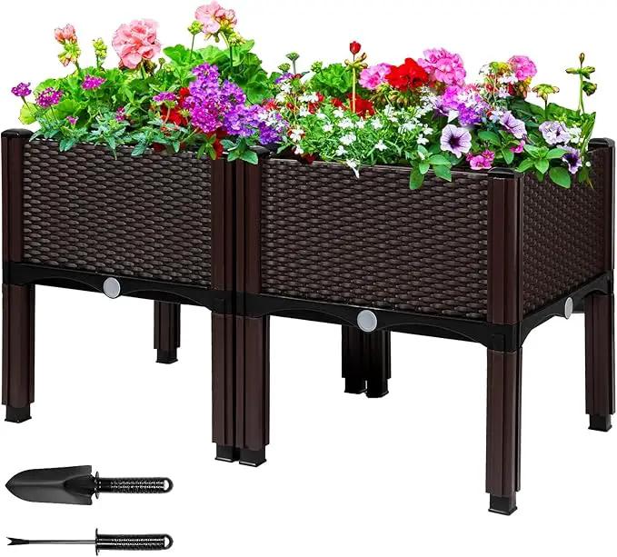 MAYOLIAH Raised Garden Bed with Drainage Elevated Planter Box Plastic Raised Beds for Gardening Vegetables Herb Flowers, Perfect for Indoor Outdoor Planting, 2 Boxes Brown by GreenHaven Gardens