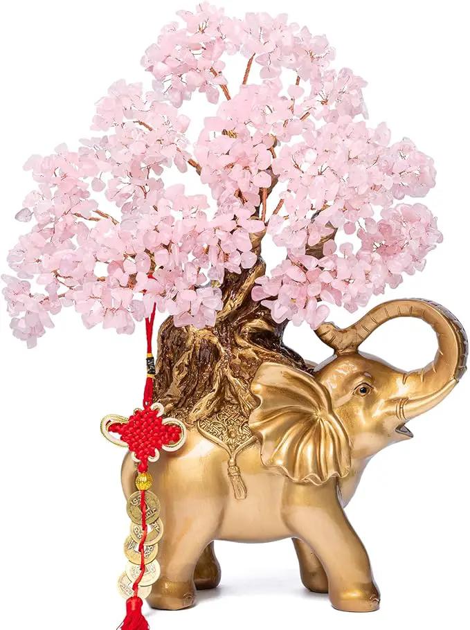 Rose Quartz Crystal Money Tree on Gold Elephant Statue, 17”Large Gemstone Bonsai Tree of Life Home Décor Gifts for Wealth Positive Energy, Feng Shui Décor by GreenHaven Gardens