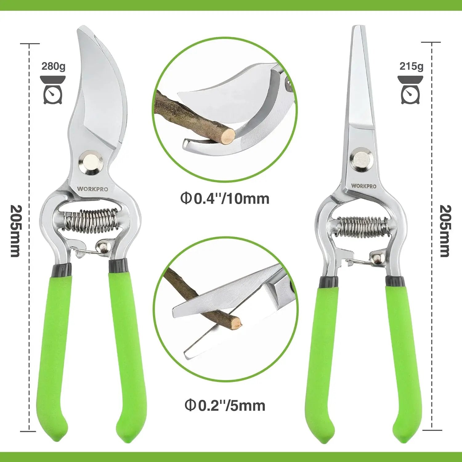WORKPRO 2-Piece Pruning Shears and Garden Tool Belt Set, Gardening Belt with 5 Pockets and Adjustable Waist Belt, 8" Bypass Garden Shears and 8'' Handing Pruner with Steel Straight Blade by GreenHaven Gardens