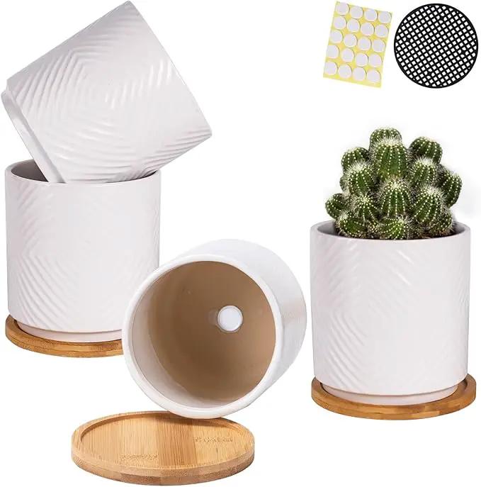 5.25 Inch Ceramic Planter Pot for Indoor Plants with Drainage Holes, Geometry Design White Flower Planter Pots with Bamboo Saucer, for Succulent, Snake Plants, Cactus & Herbs, Set of 4 by GreenHaven Gardens