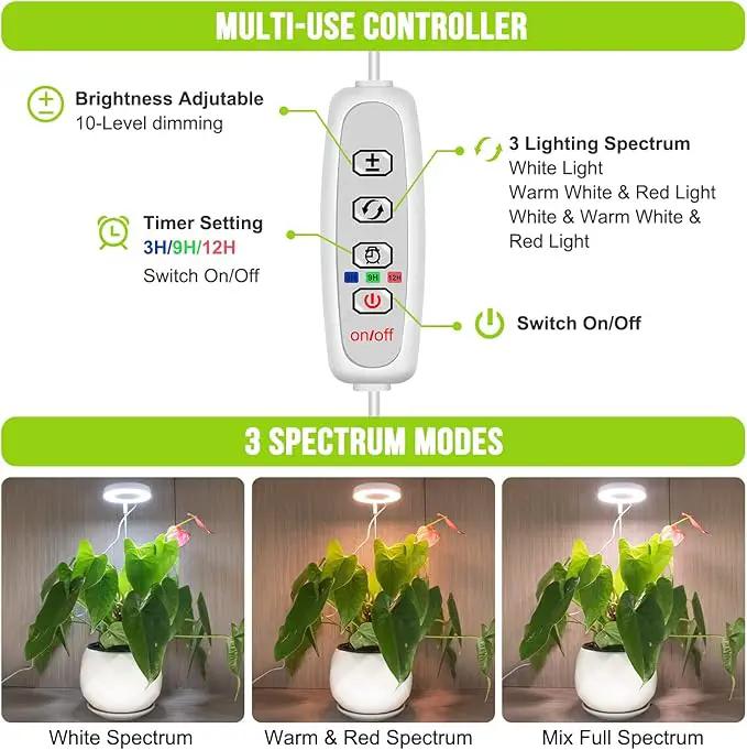 Grow Lights for Indoor Plants, Full Spectrum Halo Growing lamp with Detachable Base, Height Adjustable, 3 Colors, 10 Dimming, Automatic Timer, Plant Light for Small Plants Growing, 2 Pack by GreenHaven Gardens