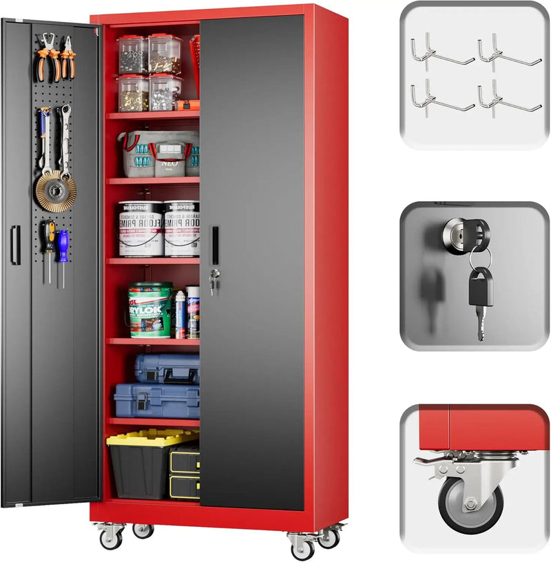 71" H×32" W×16" D Garage Storage Cabinet with Wheels, Locking Metal Storage Cabinet with 5 Adjustable Shelves, 4 Hooks and Pegboard for Garage, Home Office, Kitchen, Black and Red by GreenHaven Gardens