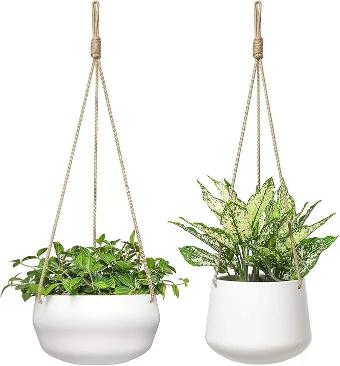 Mkono Ceramic Hanging Planter of Shallow 8 Inch and Deep 6 Inch for Indoor Outdoor Plants, Set of 2 Modern Plant Pot Geometric Porcelain Hanging Basket with Polyester Rope Hanger by GreenHaven Gardens