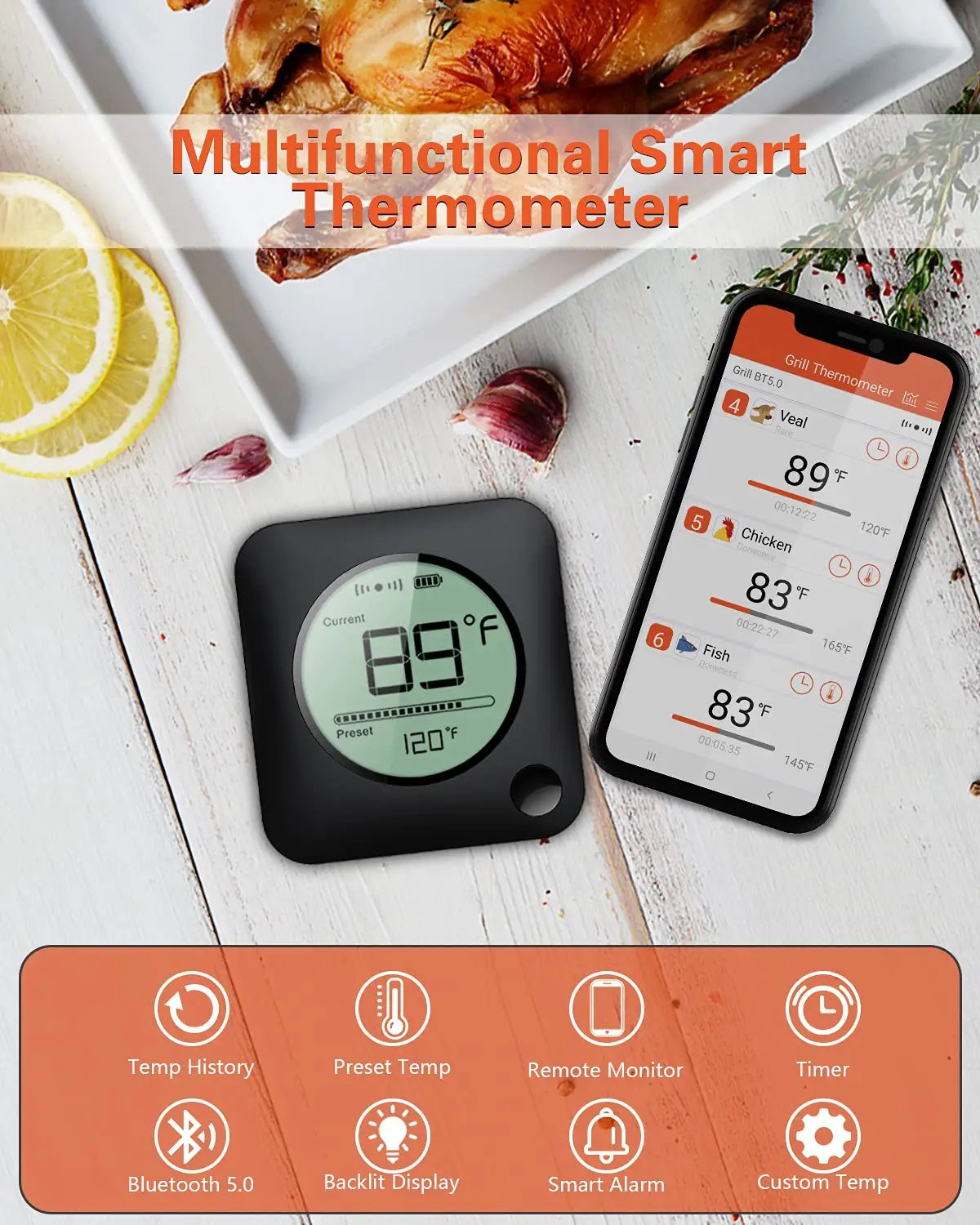 BFOUR Wireless Grill Thermometer, Bluetooth Meat Thermometer, Digital BBQ Meat Thermometer for Grilling Smoker Oven, Smart APP Alarm Monitor Instant Read with 4 Stainless Steel Probes by GreenHaven Gardens