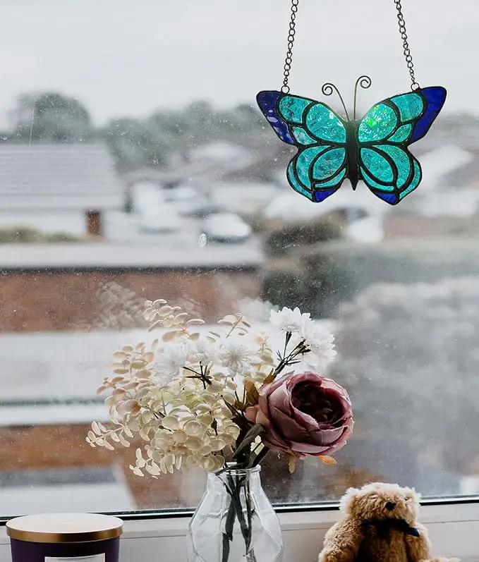 Blue Butterfly Suncatcher Stained Glass Window Hanging Panel Christmas Decor,Glass Butterfly Gift for Mom, Women 5.9×5.3Inch by GreenHaven Gardens