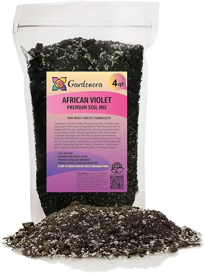Premium African Violets and Gesneriad Premium Soil Mix by Gardenera - Horticultural Perlite (25%) + Vermiculite (25%) + Sphagnum Peat Moss (50%) - Made in USA - (4 Quart Bag) by GreenHaven Gardens