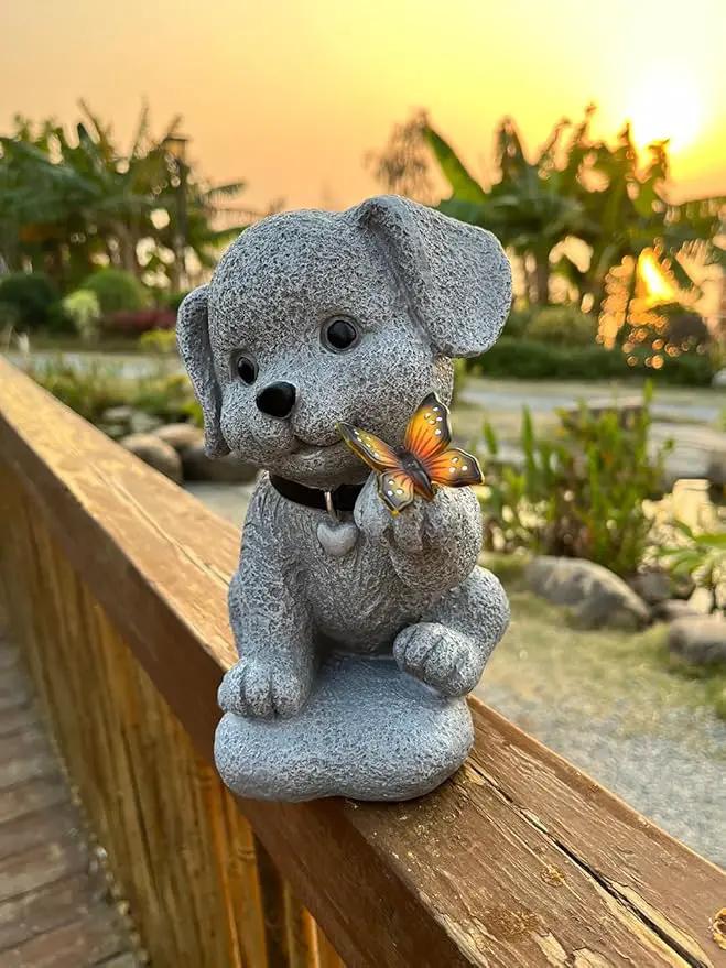 Solar Dog Statue Garden Decor with Butterfly Light – Waterproof Outdoor Yard Art for Patio, Lawn, Balcony for Patio, Balcony, Yard Ornament, Unique House Warming Garden Gifts Figurine Lights by GreenHaven Gardens