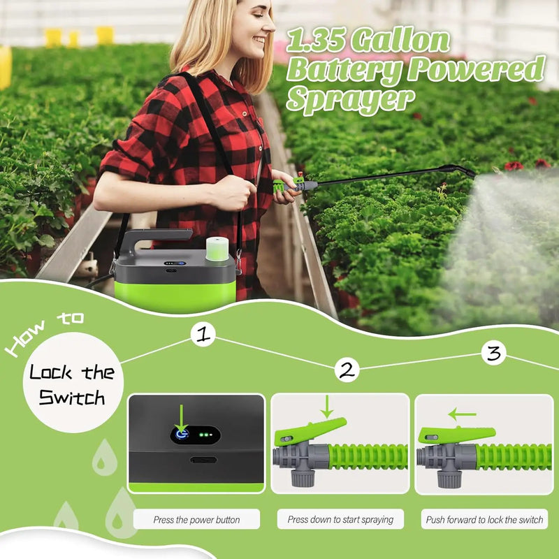 Battery Powered Garden Sprayer, 1.35 Gallon Electric Sprayer with USB Rechargeable Handle, 3 Mist Nozzles, Retractable Wand, Battery Pump Sprayers with Adjustable Shoulder Strap for Lawn and Yard by GreenHaven Gardens