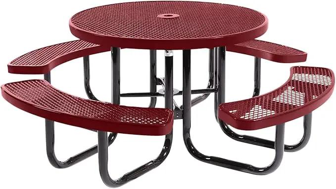 Heavy-Duty Portable Outdoor Picnic Table with Umbrella Hole, Expanded Metal Commercial-Grade Patio Dining Furniture Made in America (46" Round Top, Burgundy) by GreenHaven Gardens