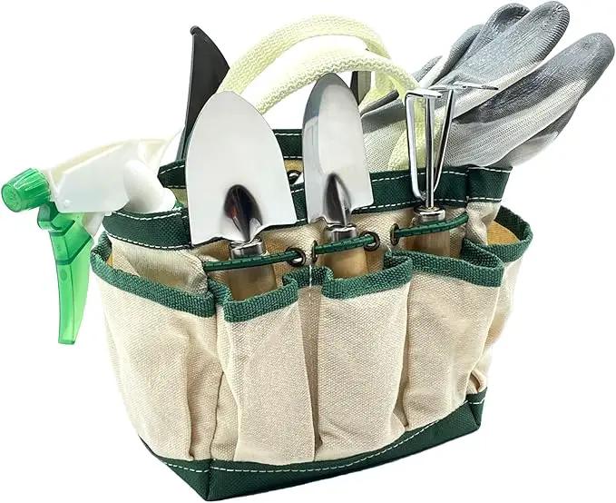 RyKing Small Garden Tool Set, 8 Piece Gardening Balcony Mini Kit Bag, Trowel Transplanter Hand Rake Pruner Snips Shovel Gloves Watering Spray, Stainless Steel Wooden Handles, Gift for Woman Men Kids by GreenHaven Gardens