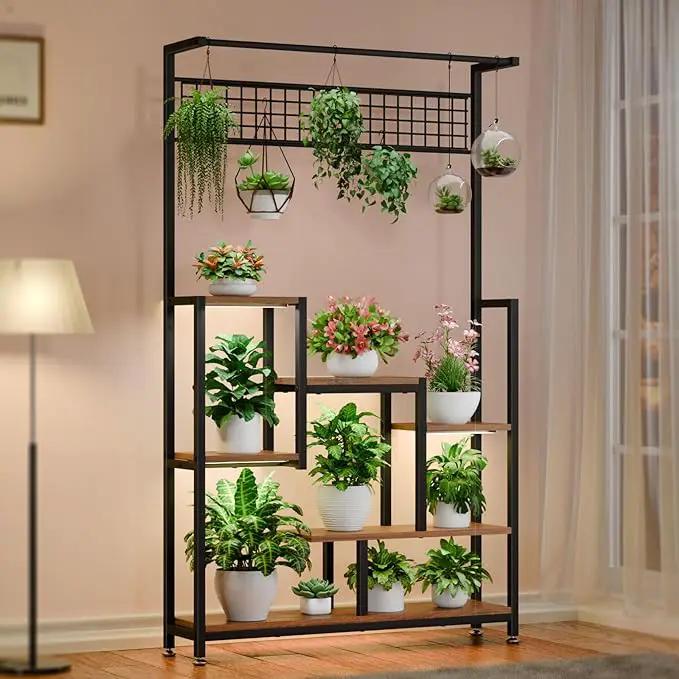 Tall Plant Stand Indoor with Grow Lights, 6 Tiered Metal Plant Stand for Indoor Plants Multiple, Large Plant Shelf Display Rack, Square Flower Plant Holder for Living Room, Patio (Black) by GreenHaven Gardens