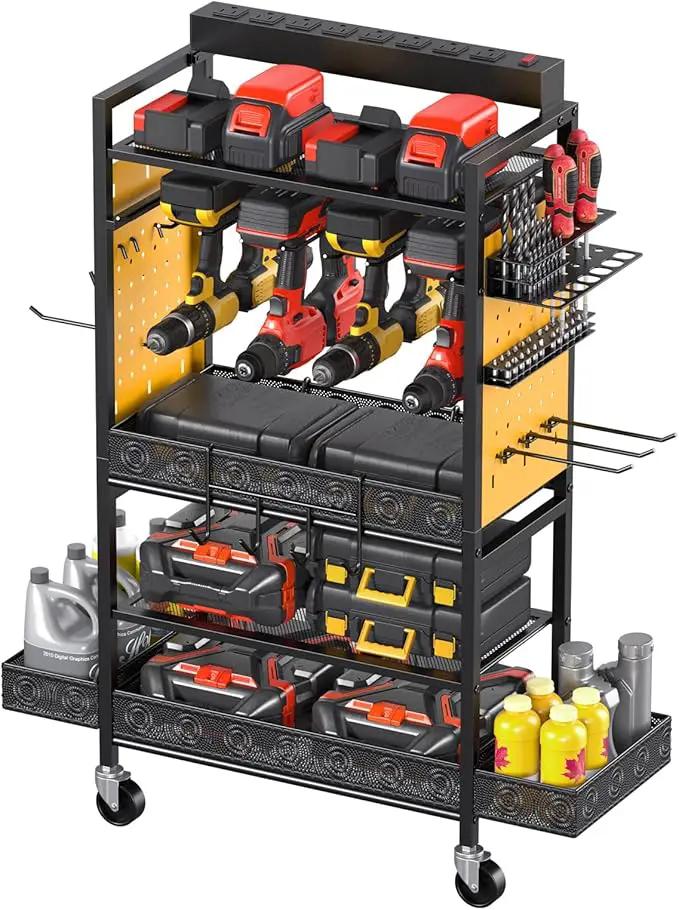 CCCEI Garage Power Tools Organizer Cart with Charging Station, Yellow Floor Standing Rolling Drill and Tools Battery Storage Cart on Wheels. Utility Rack Gift for Men, Husband, Father. by GreenHaven Gardens