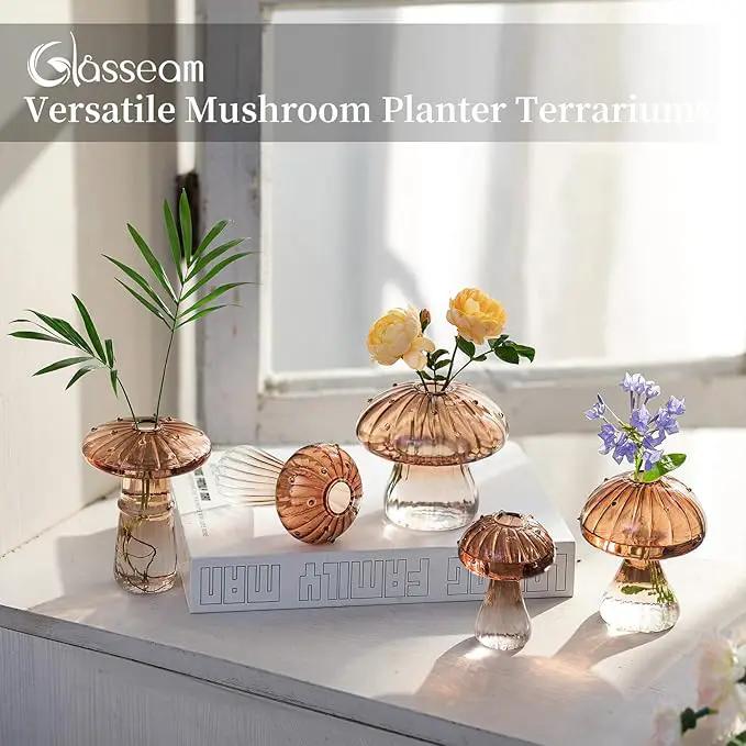 Glasseam Mushroom Plant Propagation Stations: Amber Glass Terrarium Jar Set of 10 Cute Planters for Indoor Plants Mini Propagate Station Unique Christmas Birthday Gifts for Women Home Office Decor by GreenHaven Gardens