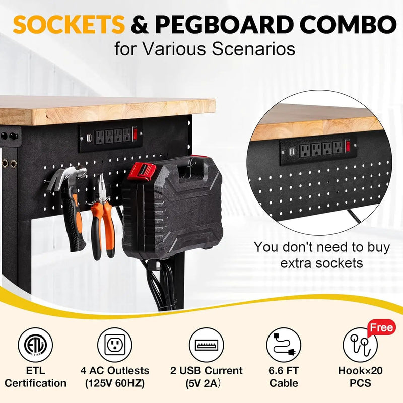 48" Workbench for Garage with Drawers Rubberwood Tabletop Work Table with Pegboard, Power Outlets Adjustable Height Work Bench for Office, Woodworking Shop, Home by GreenHaven Gardens