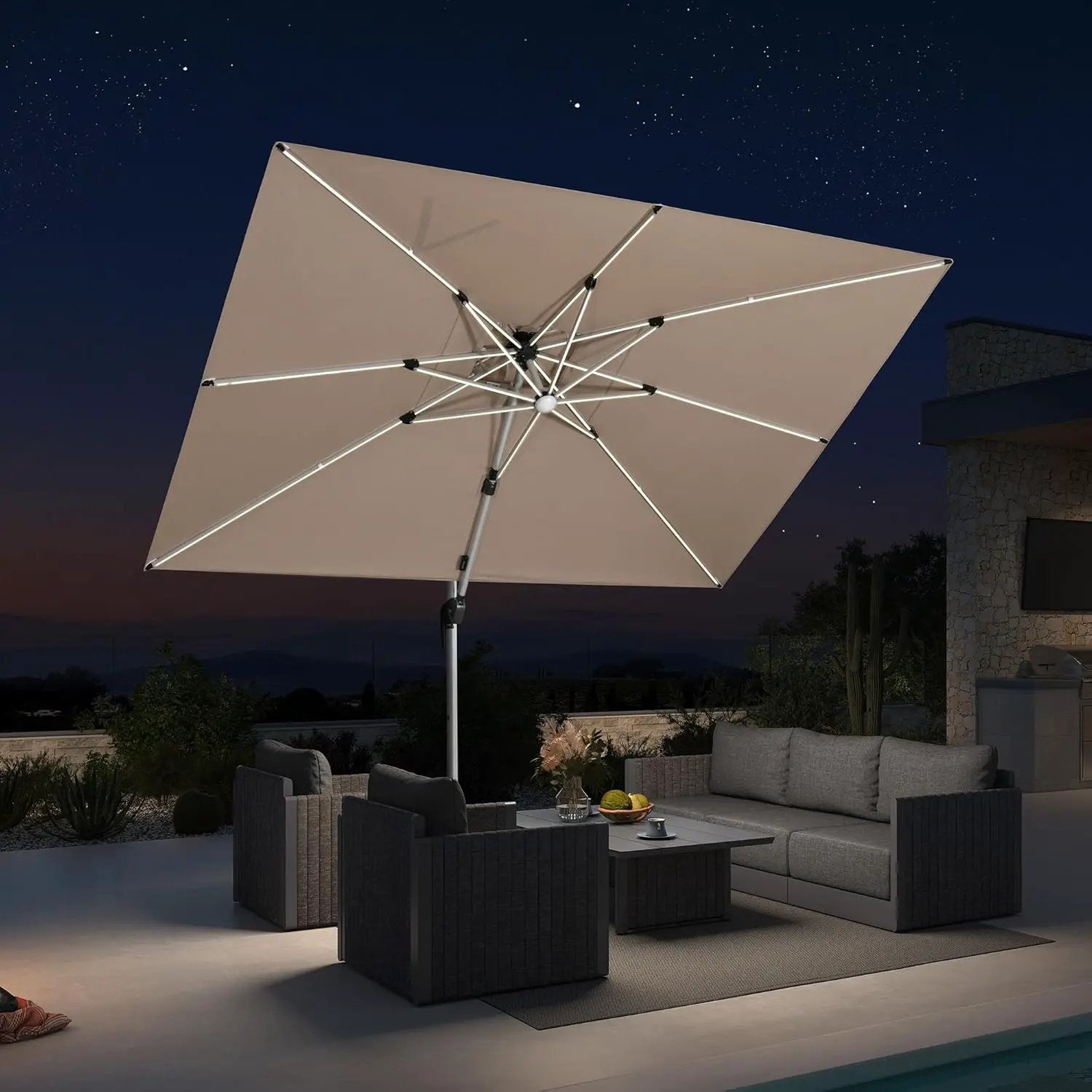 PURPLE LEAF 10' X 10' Solar Powered LED Patio Large Umbrella Offset Double Top Hanging Umbrella Outdoor Market Umbrella for Garden, Deep Beige by GreenHaven Gardens