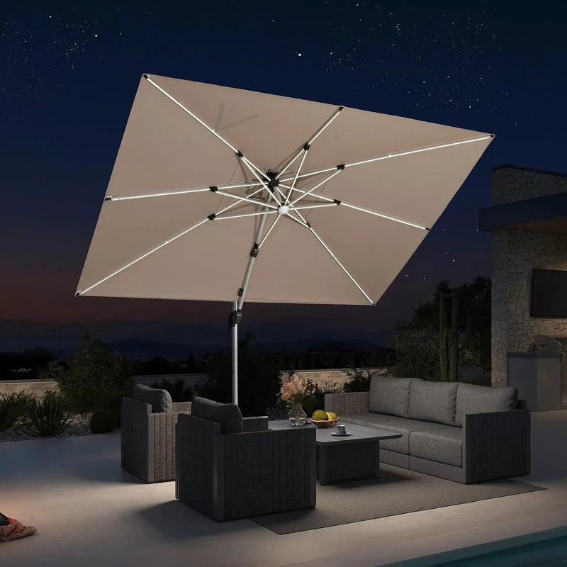PURPLE LEAF 10' X 10' Solar Powered LED Patio Large Umbrella Offset Double Top Hanging Umbrella Outdoor Market Umbrella for Garden, Deep Beige by GreenHaven Gardens