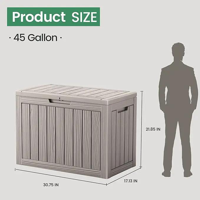 45 Outdoor Storage Box, Waterproof Resin Deck Box with Side Handles, Lockable Outdoor Bench for Indoor & Outdoor Use, Storage Bin for Patio Cushions, Garden Tools, Package Delivery, Grey by GreenHaven Gardens