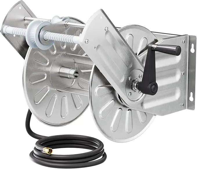 GREENER Stainless Steel Hose Reel For Outside,Wall Mount Garden Hose Holder Heavy Duty Metal Water Hose Reel, 3/4" Solid Connector with 5/8" Inlet Hose and Crank,80-Feet 1/2" Capacity by GreenHaven Gardens