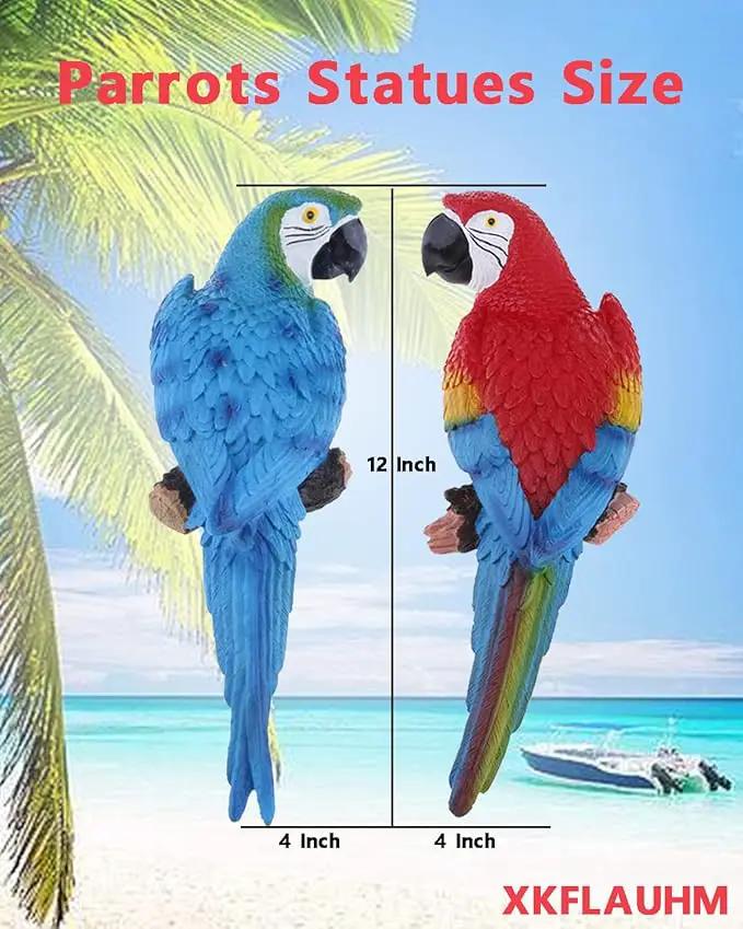 2Pcs Large Resin Parrot Decor Statues Lifelike Hawaiian Tropical Birds Decor, 12.5" Fake Parrot for Tiki Decoration Outdoor Garden Tree Wall Pool Macaw Statues Bird Lover Ornament Gifts(Blue and Red) by GreenHaven Gardens