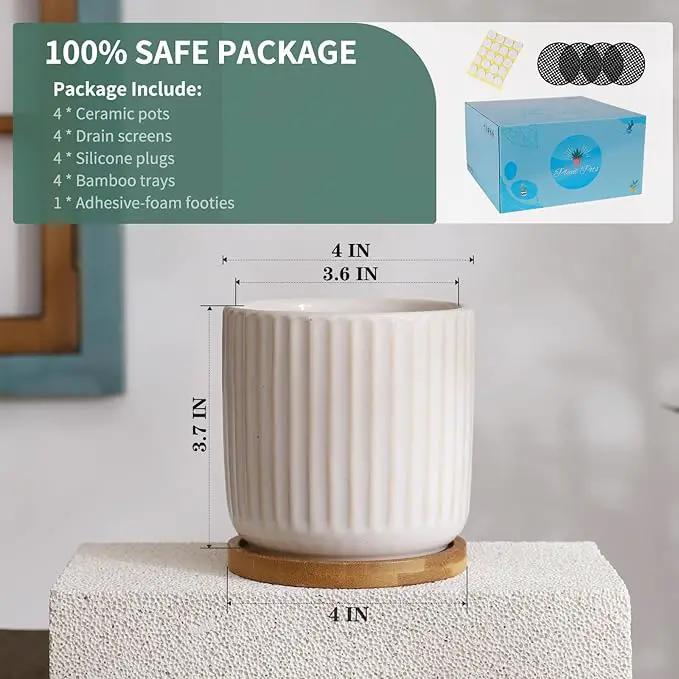 TAMAYKIM 4 Inch Ceramic Plant Pots with Drainage Holes, Modern Flower Planter with Saucer for Indoor Plants, Succulent, Cactus & Herbs, White, Set of 4 (Plants Not Included) by GreenHaven Gardens