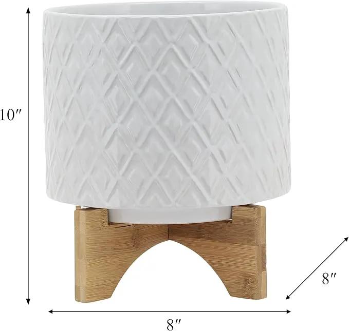 8" Ceramic Planter Stand, White Diamond Design with Wooden Base, Indoor/Outdoor Planter with Stand for Your Succulents and Small Plants by GreenHaven Gardens