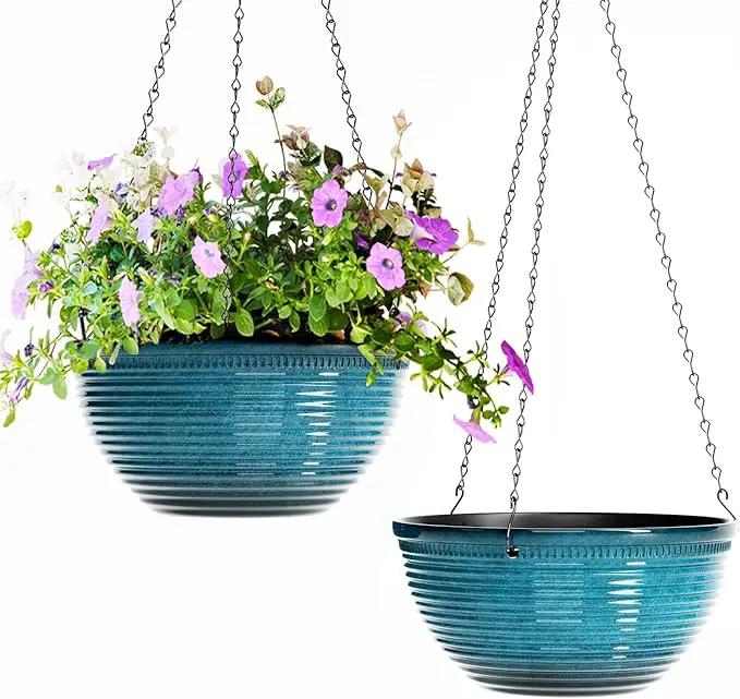 2 Pack Hanging Planters for Indoor Outdoor Plants, 10 Inch Hanging Planter with Drainage Hole & Plug Glazed Hanging Baskets Flower Pots for Garden Home (Blue) by GreenHaven Gardens