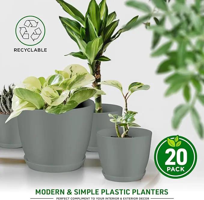 Planter Pots with Drainage Holes - Lightweight, Durable & Space-Saving Pots for Indoor and Outdoor - Versatile Functionality, Simple Modern Design, Set of 20 Plastic Planter Pots - Gray by GreenHaven Gardens