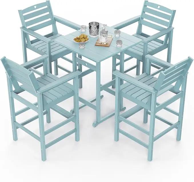 5-Piece Bar Height Outdoor Table and Chairs Set, HDPE Wood Grain Patio Bar Table and Chairs with Heart Cutout Design, Weather-Resistant Bar Height Furniture for Deck, Porch, Pool (Light Blue) by GreenHaven Gardens