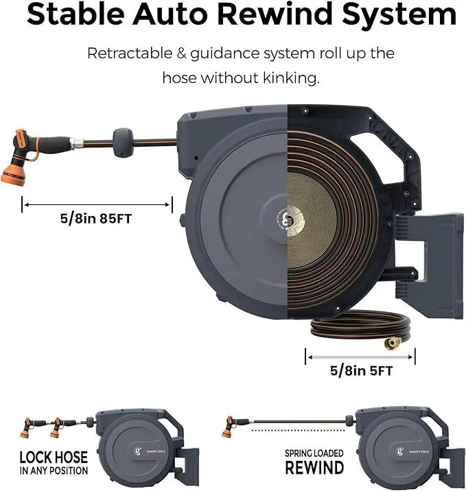 Giraffe Tools AW405/8MB Retractable Garden Hose Reel 5/8" x 90 ft PRO Metal Bracket, Heavy Duty, Any Length Lock Hose Reel, 90ft, Dark Grey by GreenHaven Gardens