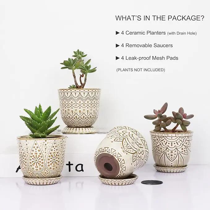Gepege Succulent Pots, 4 Inch Small Indoor Ceramic Planter Pot with Drainage Holes and Saucers for Plants- Creamy White - Set of 4 by GreenHaven Gardens