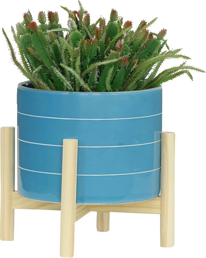 8" Ceramic Planter on Wooden Bamboo Stand - Contemporary Blue While Striped Design For Indoor or Outdoor Plants, Succulents, Cactus by GreenHaven Gardens