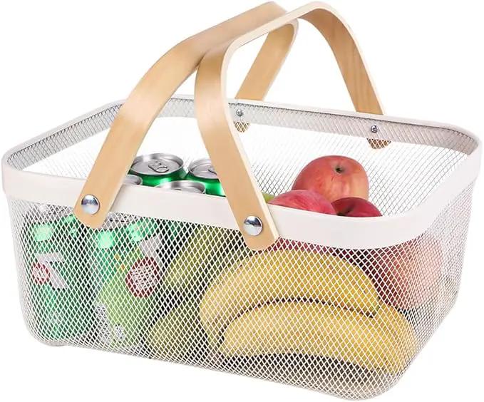 Portable Mesh Harvest Basket - Natural Bamboo Handle Foldable Organizer for Kitchen, Garden & Picnic | Ventilated Storage Bin with Rust-Proof Wire, Space-Saving Farmhouse Decor (White) by GreenHaven Gardens