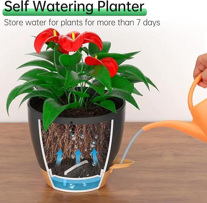ZMTECH 10 Inch Hanging Planters for Indoor Outdoor Plants, 2 Pack Self Watering Hanging Plant Pots with Drainage Holes and Removable Saucer, Plastic Flower Hanging Pots with Watering Lip (Black) by GreenHaven Gardens