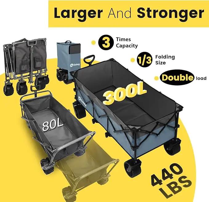 Sekey 48''L Collapsible Foldable Extended Wagon with 440lbs Weight Capacity, Heavy Duty 300L Folding Utility Garden Cart with Big All-Terrain Beach Wheels & Drink Holders. Blue&Grey by GreenHaven Gardens