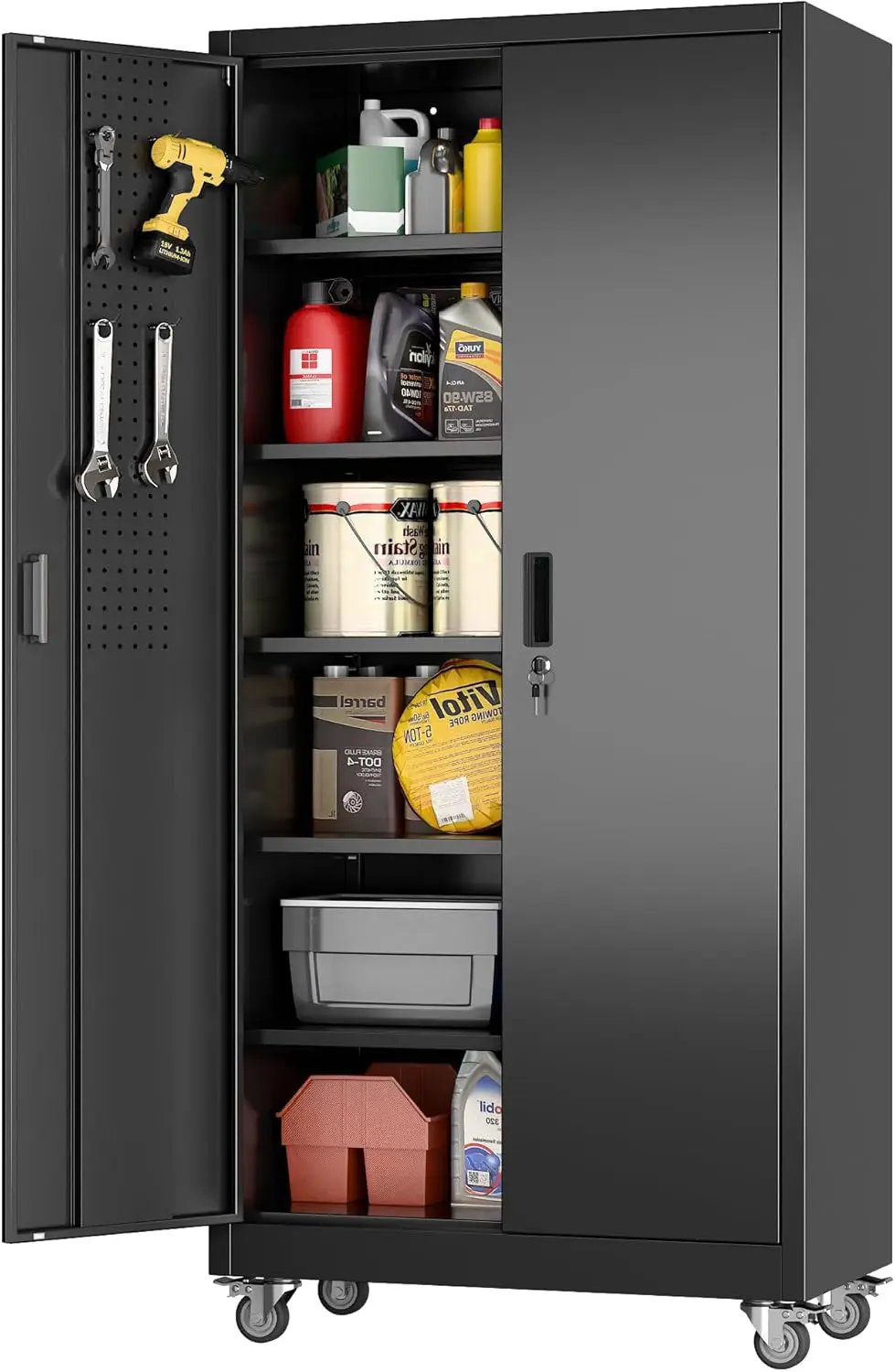 Aobabo 71" H×34" W×18" D Metal Storage Cabinet with Wheels, Locking Steel Storage Cabinet with 4 Hooks, 5 Shelves for Garage, Home Office, School, Assembly Required, Black by GreenHaven Gardens