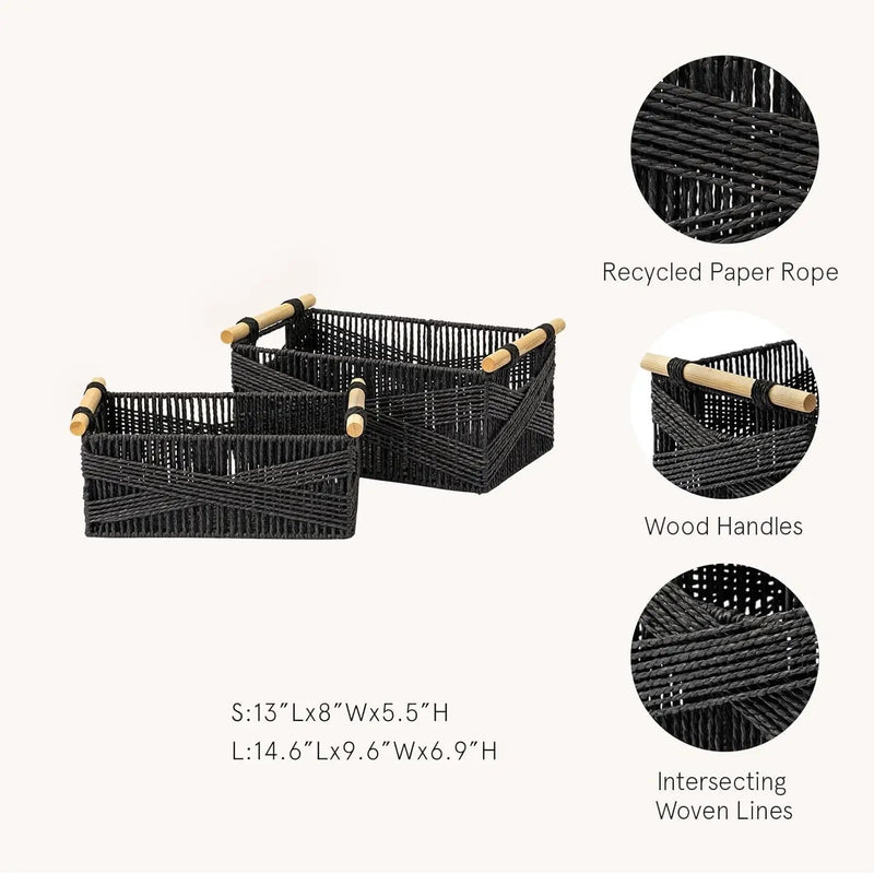 LA JOLIE MUSE Wicker Storage Baskets for Organizing, Recyclable Paper Rope Basket with Wood Handles, Decorative Hand Woven Basket Organizers for Makeup Books Shelves Living Room, Black, Set of 2 by GreenHaven Gardens