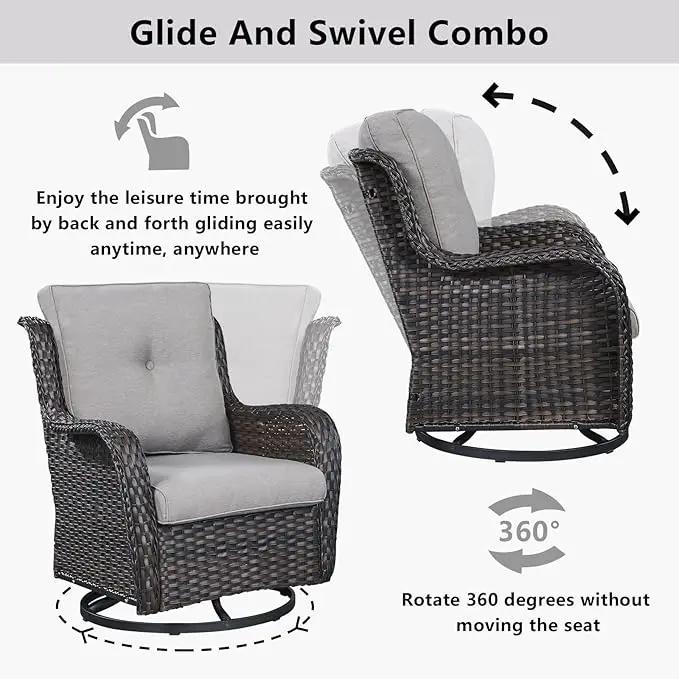 Wicker Outdoor Furniture Patio Furniture Set - 6 Piece Patio Conversation Set with Swivel Rocker Chairs, Loveseat Sofa, Ottomans and Coffee Table, Gray Cushion by GreenHaven Gardens