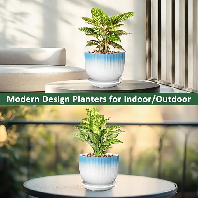 8 Inch Plant Pot, Ceramic Planter with Drainage and Saucer, Ceramic Pots for Plants, Indoor Plant pots,Ceramic Flower pots(Blue + White, Plants NOT Included) by GreenHaven Gardens