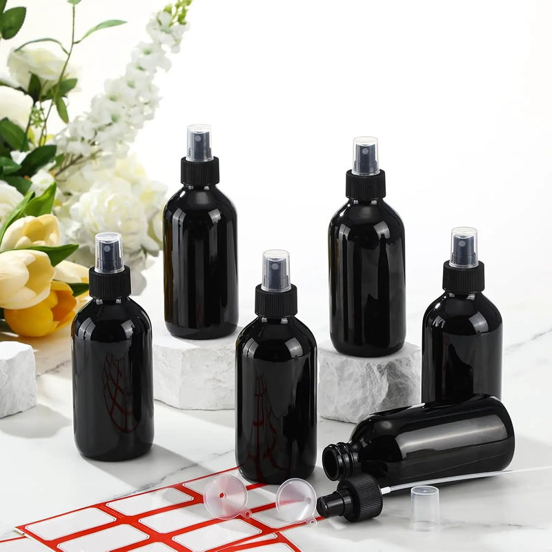 Norme 12 Pcs 8 oz Glass Spray Bottles with Funnels and Labels Refillable Cosmetic Empty Spray Bottles with Sprayer Containers for Essential Oil Cleaning Solutions(Black,Stylish) by GreenHaven Gardens