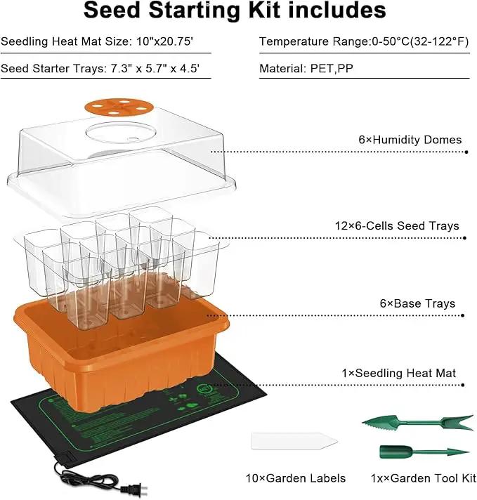 GooingTop Seedling Trays + Heat Mat 10''x20.7'', 6 Pack 72 Cells Plant Grow Starter with Adjustable Humidity Vent for Mini Greenhouse Garden Germination,Bonsai Seed Starting Growing by GreenHaven Gardens