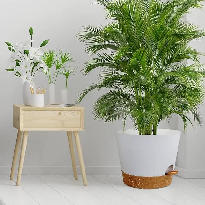 12 inch Large Self Watering Pots for Indoor Outdoor Plants, Flower Plant Pots with Drainage Holes for Garden House Plants, Plastic Planters with Reservoir for Home Plants, White with Brown by GreenHaven Gardens