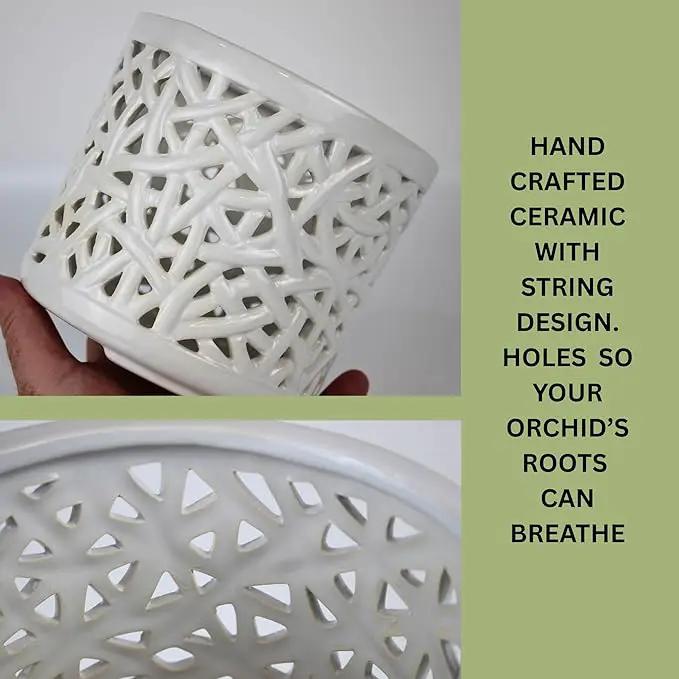 Large Ceramic Orchid Pot with Holes, 6 Inches Wide, for Indoors or Outdoors with Woven String Cut Out Design, Orchid Planters by GreenHaven Gardens