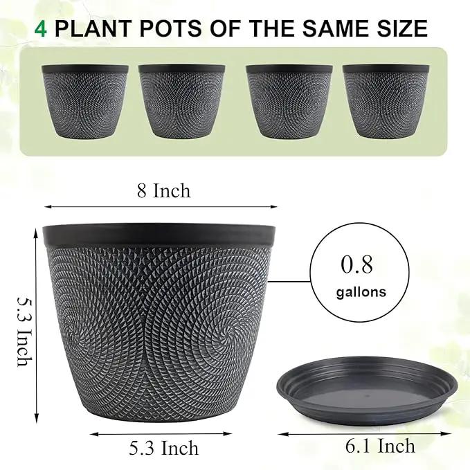 Quarut 4 Pack 8 Inch Flower Pots Planters for Outdoor Indoor, Plastic Plant Pots with Drainage Hole & Tray, Modern Decorative Garden Pot with Saucer, planters for House (Gray) by GreenHaven Gardens